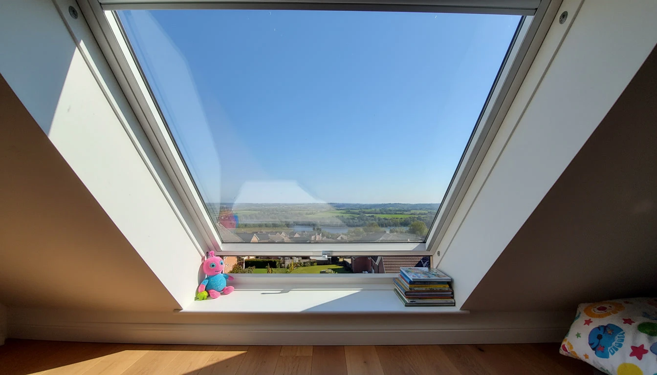 Salon moderne sous combles avec canapé d'angle violet et repose-pieds, bibliothèque noire intégrée sous pente, lampadaire design blanc