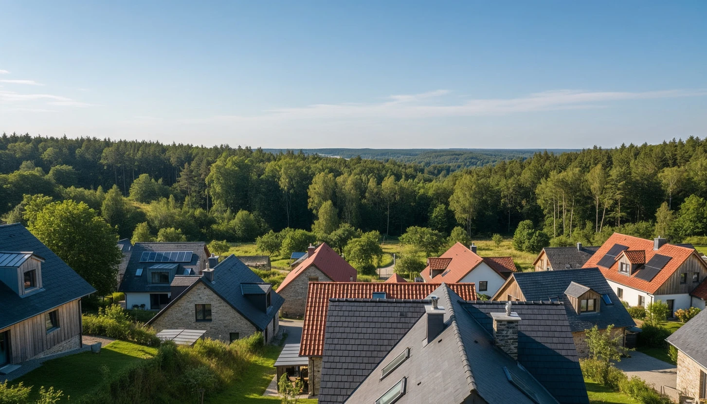 Maison individuelle neuve en construction avec façade crème, volets blancs et toiture tuiles rouges, située sur terrain en pente boisée