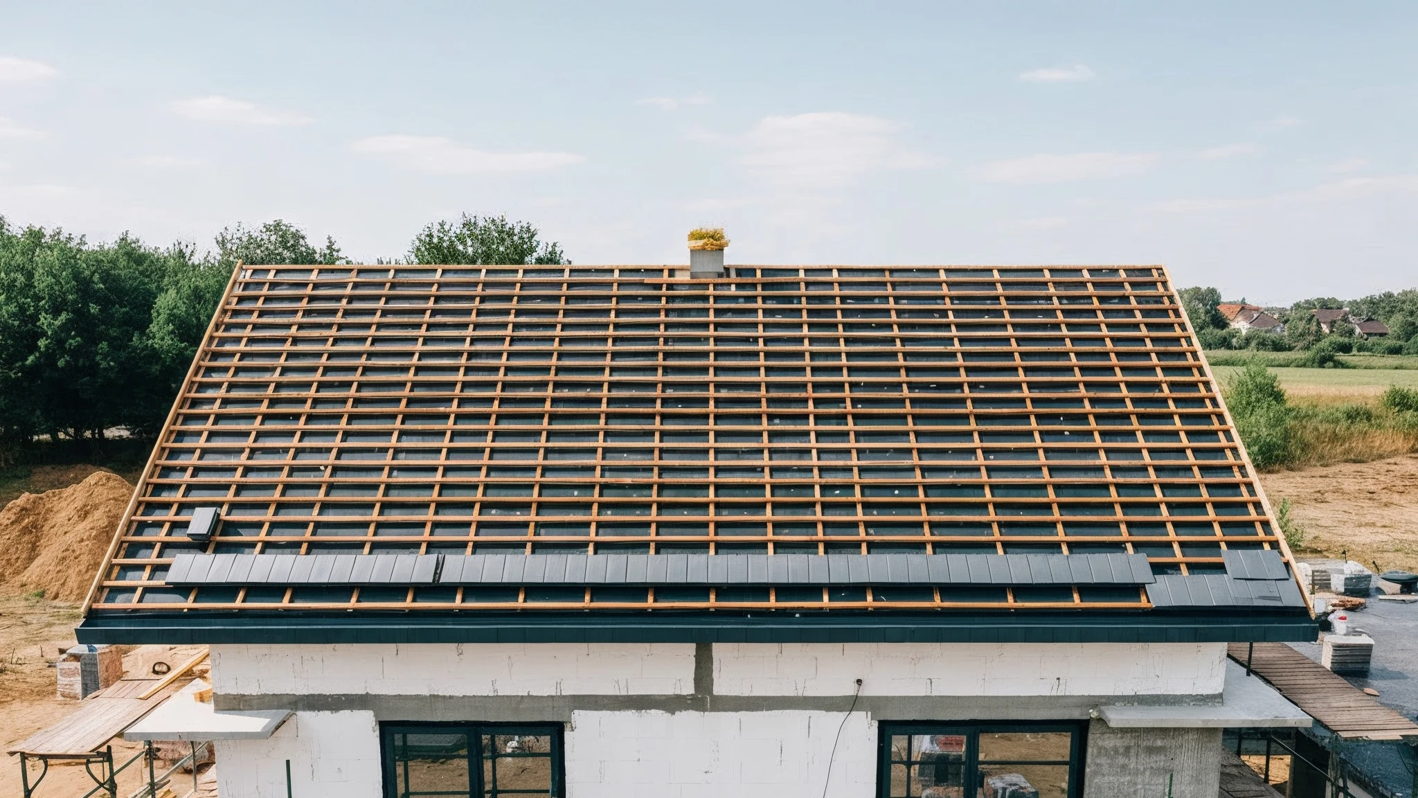 Chantier de construction résidentielle en cours, vue aérienne d'une maison en construction avec ouvriers sur le toit