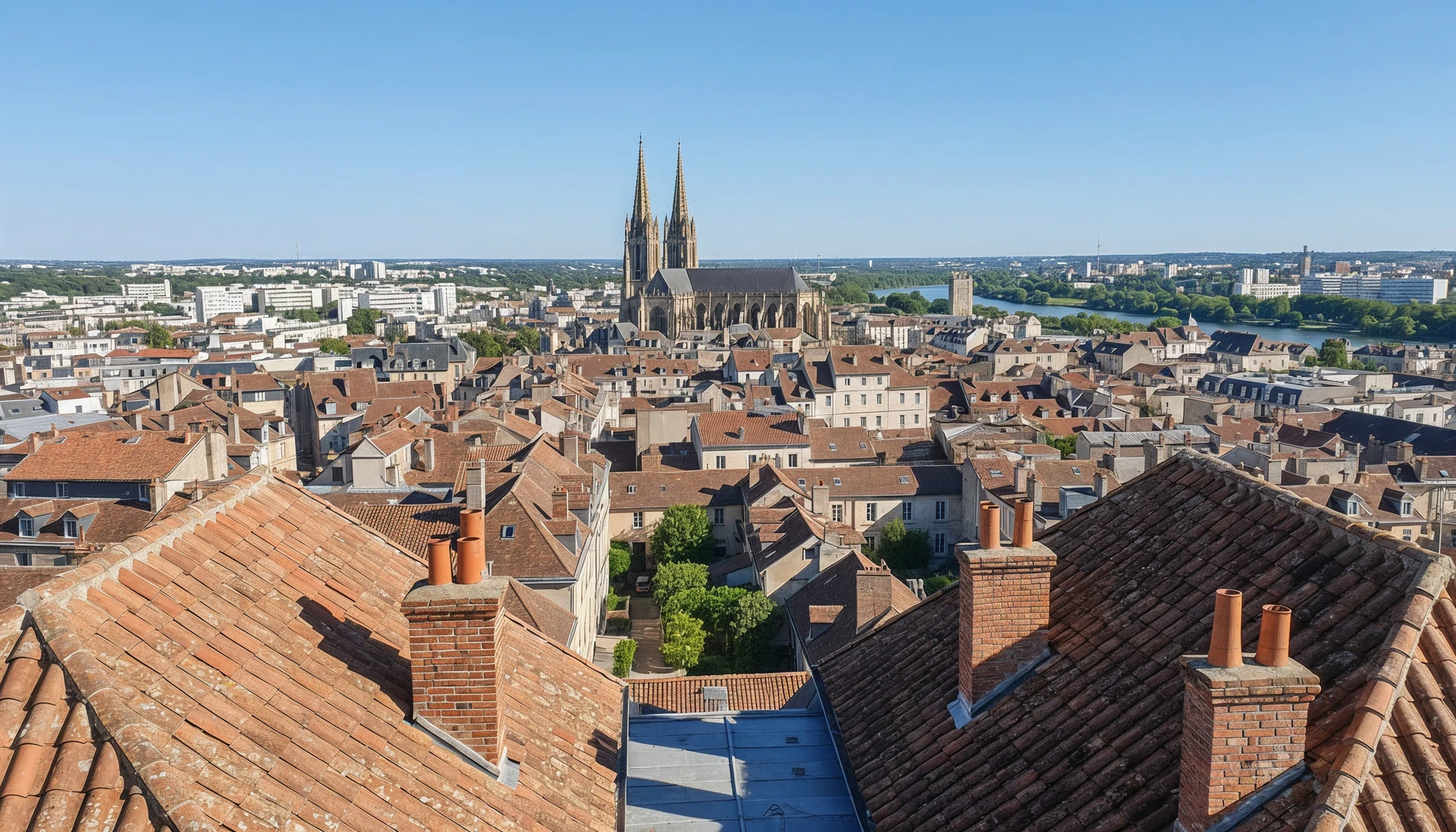 Toiture en tuiles canal rouges sous ciel bleu avec soleil couchant